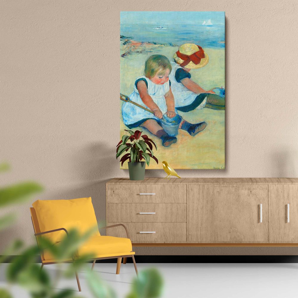 Wall canvas of Mary Cassatt's Children Playing on the Beach featuring soft blues and sandy tones with two children playing in the foreground, offering a timeless art piece for creating a peaceful atmosphere in your home or office.