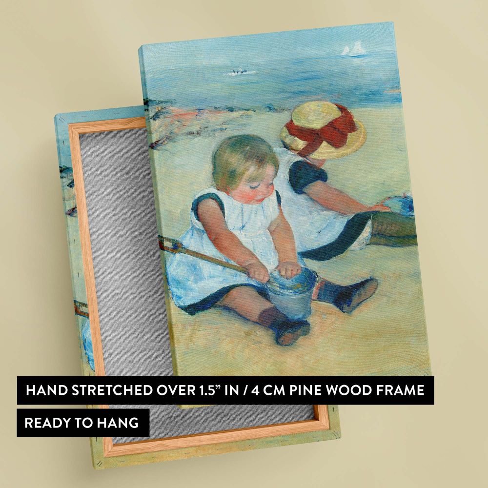 Children Playing on the Beach by Mary Cassatt printed on a vibrant canvas showcasing a serene seaside scene with two young children at play, making it a classic and elegant decor option for family-oriented or Impressionist-inspired interiors.