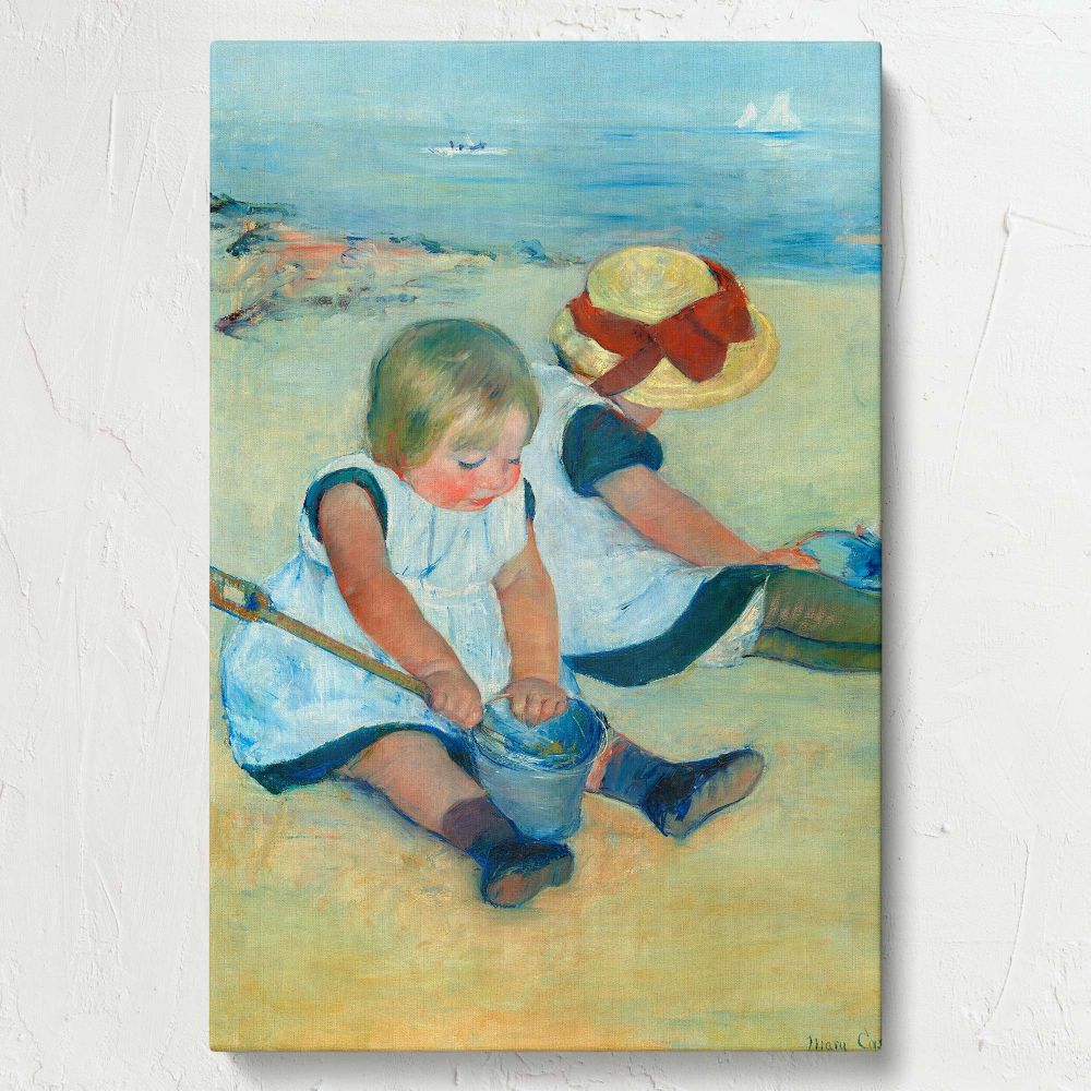Mary Cassatt's timeless Children Playing on the Beach 1884 painting reproduced as a canvas print showing tender childhood moments on a sandy beach, offering a warm and elegant decor option perfect for living rooms or bedrooms.