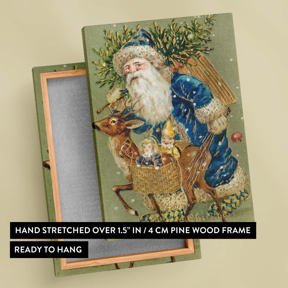 Artistic holiday canvas of A Merry Christmas ca 1900s depicting Santa Claus in a blue coat with a reindeer and toys in a snowy scene, perfect for creating a timeless and classic Christmas atmosphere in living rooms or entryways.