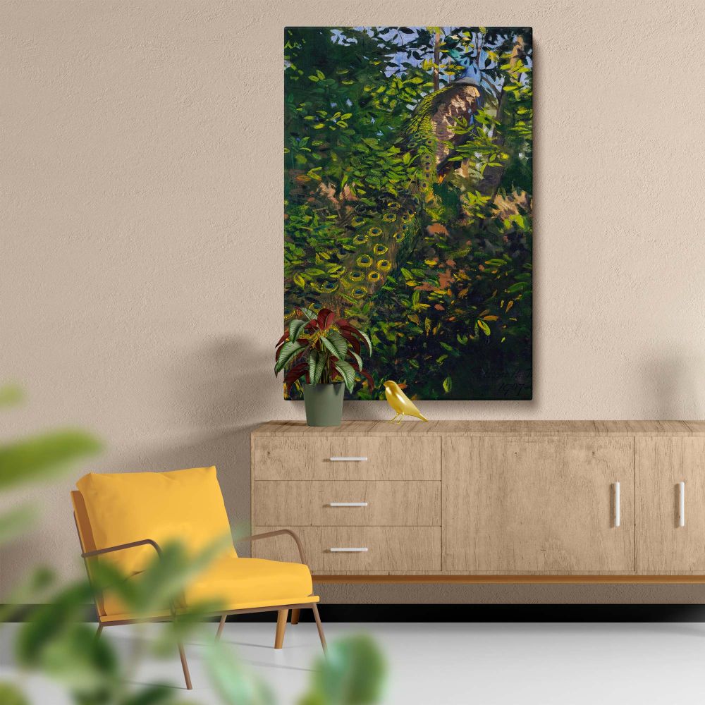 Wildlife wall art Peacock in the Woods 1907 as a canvas featuring a camouflaged peacock with golden tail feathers surrounded by vibrant green forest leaves, offering a striking and timeless decor option for nature enthusiasts or art lovers.