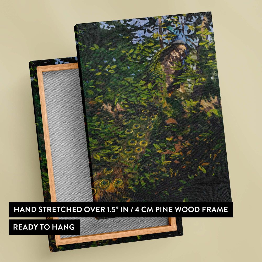 Artistic wall canvas of Peacock in the Woods 1907 featuring lush forest greenery and a peacock with vibrant tail patterns blending into its environment, making a perfect addition to classic interiors or nature-inspired decor themes.