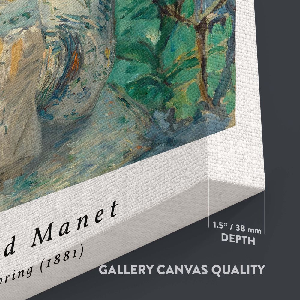 Edouard Manet's Jeanne Spring 1881 wall canvas featuring a woman in a floral dress with a parasol surrounded by soft green tones and nature-inspired brushstrokes, offering timeless elegance and sophistication for artistic decor enthusiasts.