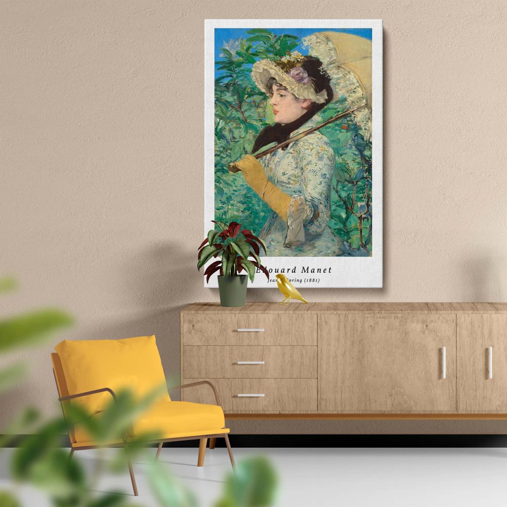 High-resolution canvas of Jeanne Spring 1881 by Edouard Manet featuring a serene springtime scene with a woman dressed in florals and holding a parasol, ideal for adding classic Impressionist charm to living rooms, offices, or bedrooms.