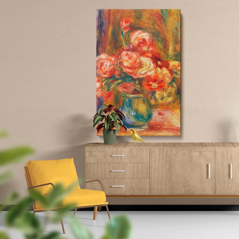 Pierre-Auguste Renoir's Vase of Roses 1890-1900 painting on a vibrant wall canvas featuring soft floral brushstrokes and a vintage green vase, ideal for bringing timeless artistic charm to home or professional decor settings.