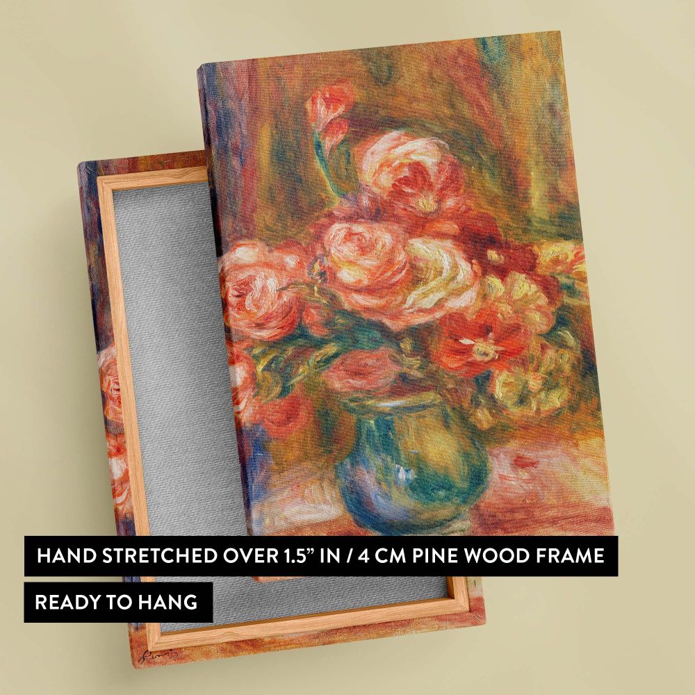Wall canvas of Renoir's Vase of Roses featuring a stunning floral arrangement of roses in warm colors and Impressionist details, perfect for creating a serene and elegant atmosphere in traditional, vintage, or modern interiors.
