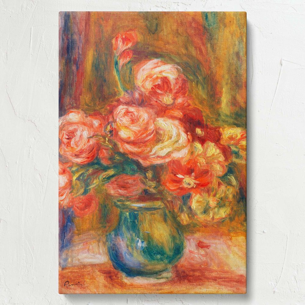 Renoir's Vase of Roses painting printed as a high-resolution canvas showing an elegant rose bouquet in a green vase with soft brushwork and warm colors, ideal for bringing timeless Impressionist decor to your living room, bedroom, or office.