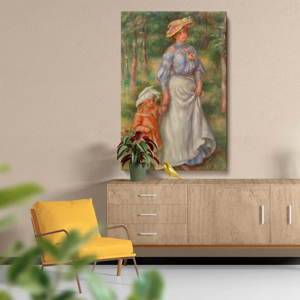 High-quality wall canvas of Renoir Promenade showing a peaceful family walk through a sunlit outdoor setting with warm greens and soft tones, creating an Impressionist-inspired decor piece perfect for vintage or classic interiors.