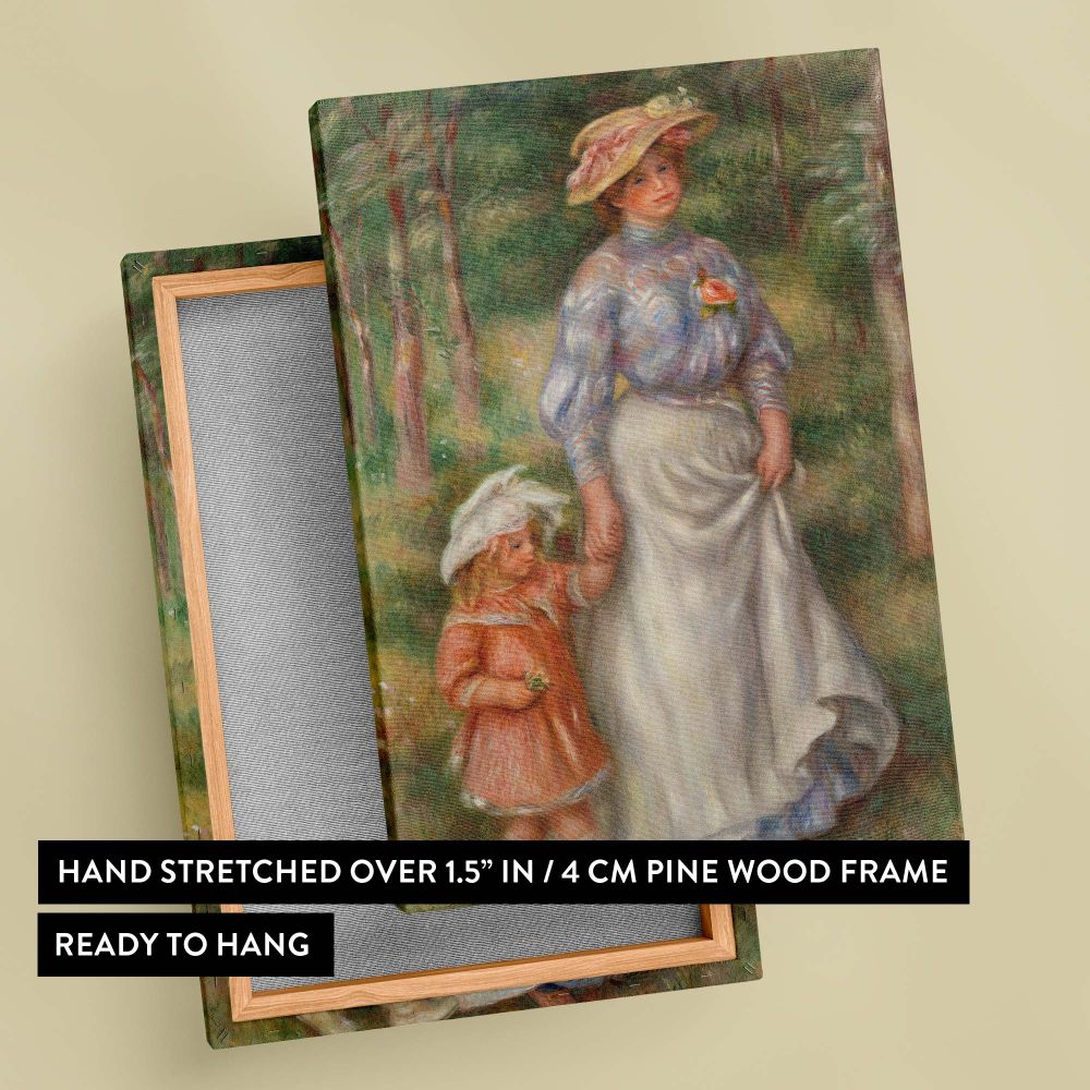 Wall canvas of Renoir's Promenade featuring a mother and child strolling through a green garden with soft pink and white highlights, ideal for adding a calming and timeless Impressionist art piece to any room or art collection.