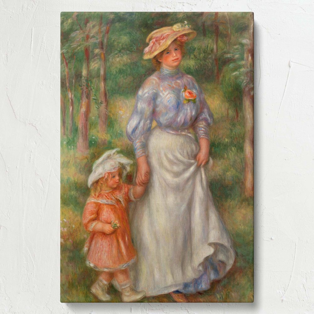 Impressionist masterpiece Promenade by Pierre-Auguste Renoir printed on a vibrant canvas featuring soft natural tones and lush greenery, depicting a mother and child walking outdoors, perfect for creating a serene ambiance in any space.