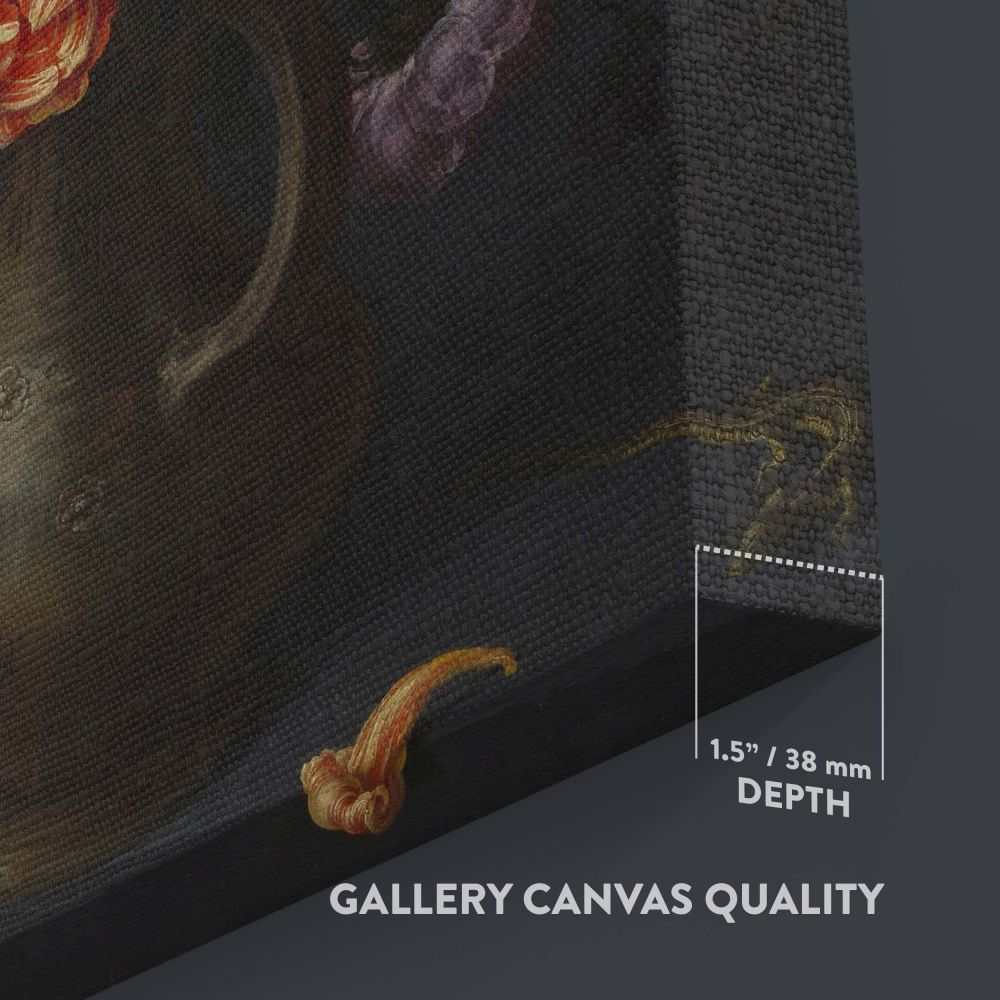 High-quality canvas of A Vase with Flowers by Jacob Vosmaer featuring colorful tulips, roses, and irises arranged in a bronze vase with a dark background, creating a classic and elegant decor piece for any living space or office.