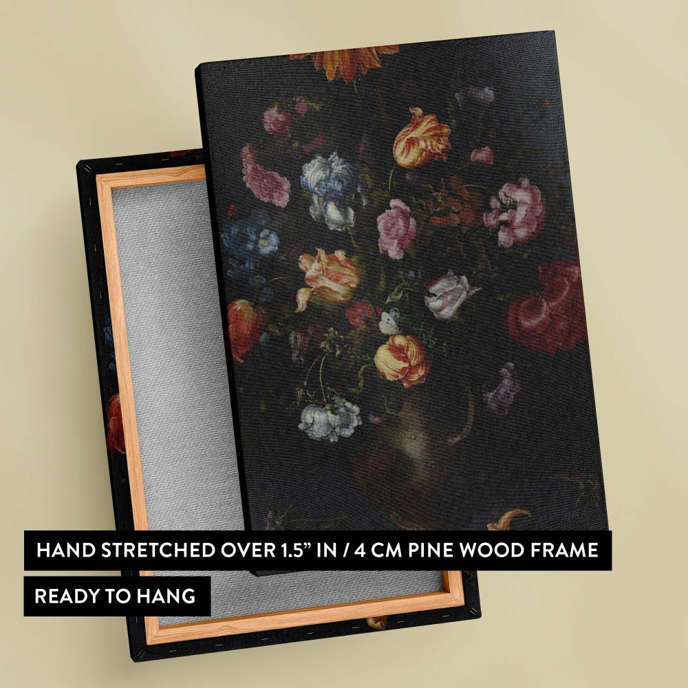 A Vase with Flowers painting by Jacob Vosmaer printed on canvas featuring a beautiful bouquet of tulips, roses, and other flowers in a bronze vase with fine brushwork and shadows, ideal for adding vintage charm to traditional interiors.