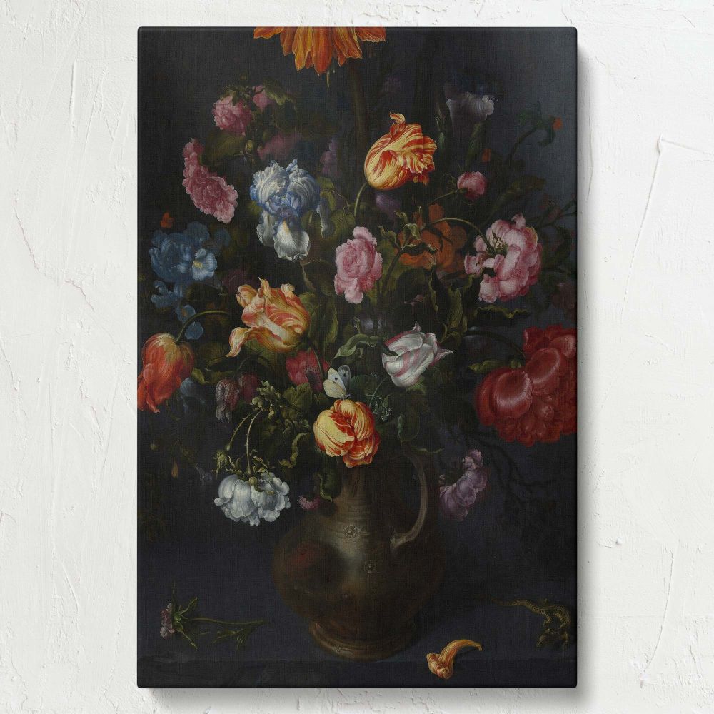 Artistic wall canvas of Jacob Vosmaer's A Vase with Flowers showcasing a lush still life bouquet with vibrant floral tones and a dramatic setting, offering a luxurious and timeless decor option for art lovers or sophisticated spaces.
