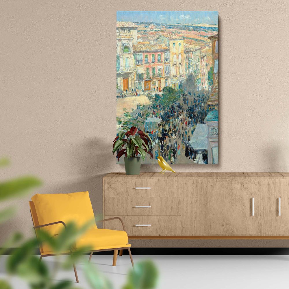 High-quality wall canvas of View of a Southern French City 1910 by Childe Hassam featuring a serene yet bustling cityscape with elegant brushstrokes and pastel hues, perfect for adding cultural sophistication to your living room or office.