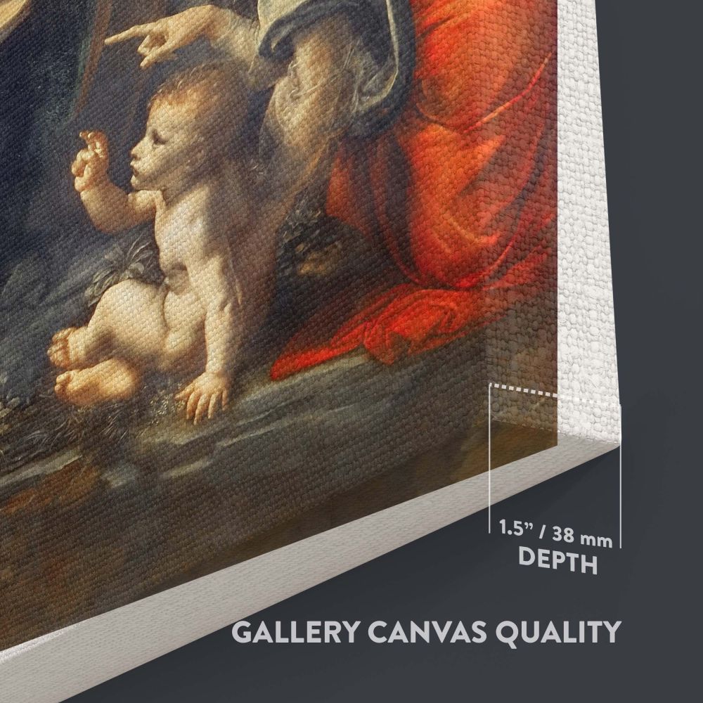 High-quality canvas of Leonardo da Vinci's Virgin of the Rocks depicting the Virgin Mary, Christ child, and angel with atmospheric lighting and intricate natural details, ideal for adding timeless elegance to home or office spaces.