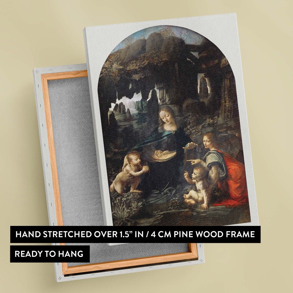 Virgin of the Rocks painting 1483-1486 by Leonardo da Vinci reproduced on canvas featuring lifelike religious figures in a rocky grotto, perfect for creating a refined and historical ambiance in any living room or study.