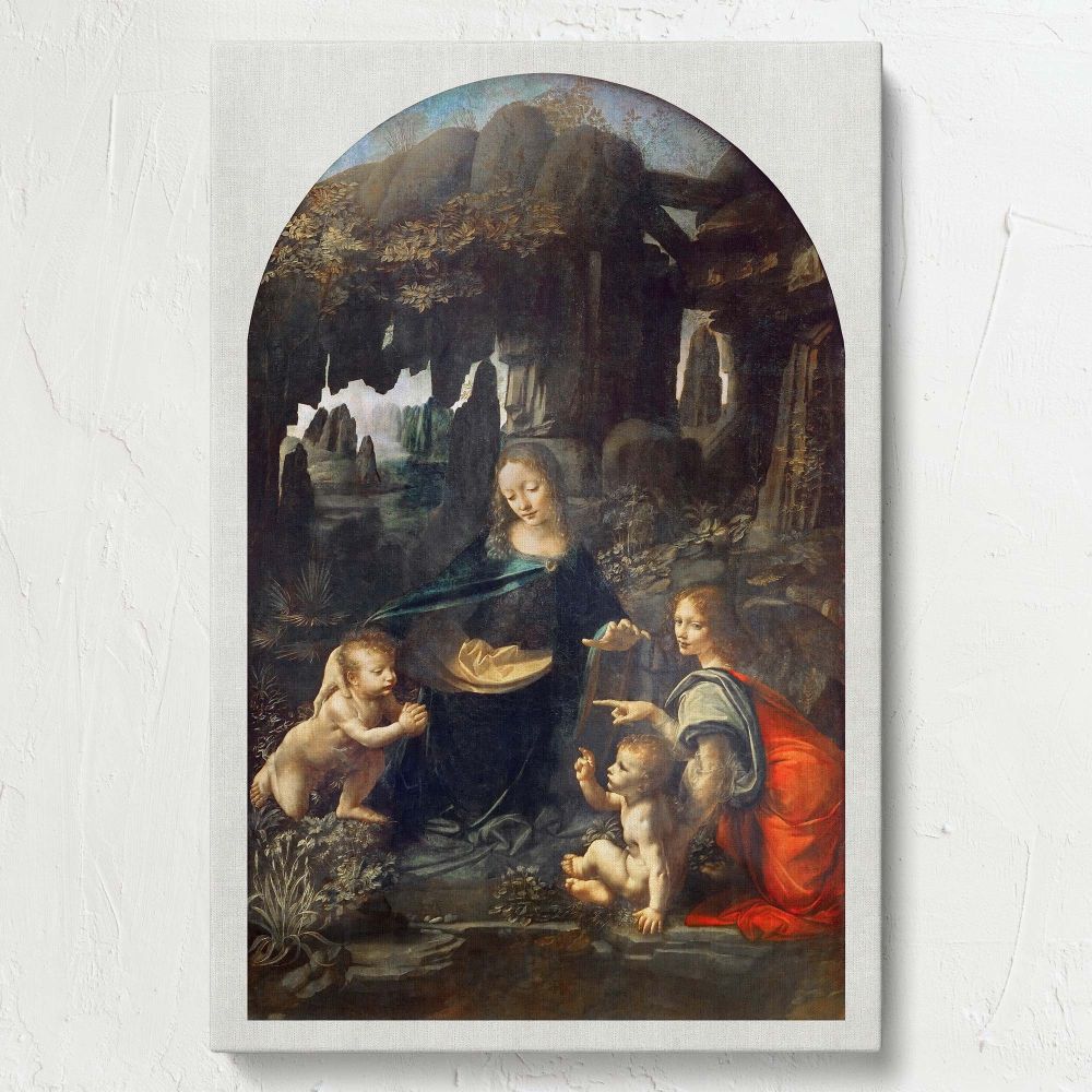 Leonardo da Vinci's Virgin of the Rocks wall canvas showing serene religious figures with soft light and natural rocky surroundings, offering a timeless decor option for Renaissance art enthusiasts and classic interior designs.
