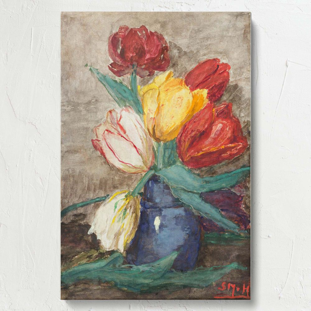 Wall art canvas of Sientje Mesdag's Tulips in a Vase featuring a vibrant bouquet of red, yellow, and white tulips in a rustic blue vase with expressive painterly details, perfect for adding classic floral charm to home or office settings.