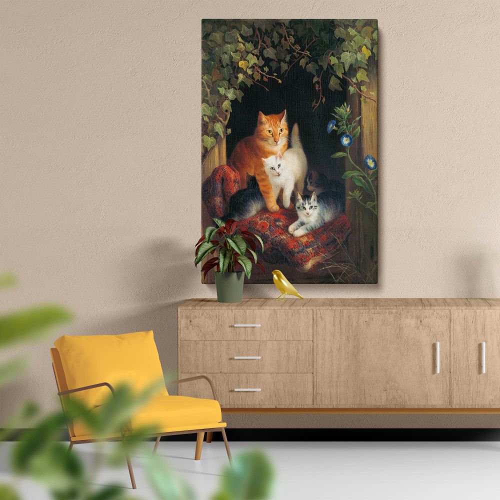 Vintage animal painting Cat with Kittens by Henri