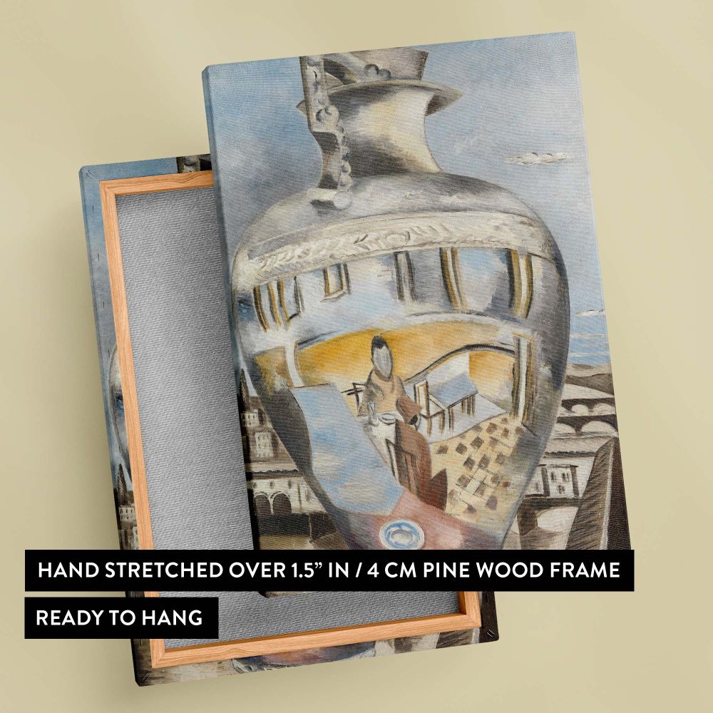 Canvas print of Paul Nash's Souvenir of Florence 1929 painting showcasing an imaginative depiction of Florence reflected in an ornate vase with muted colors, perfect for adding modernist and artistic charm to home or office spaces.