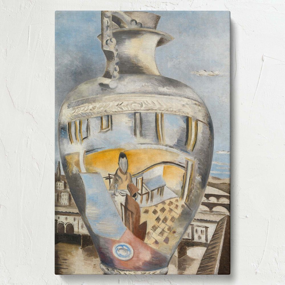 Wall canvas reproduction of Souvenir of Florence by Paul Nash featuring a surreal cityscape reflected in a decorative vase with abstract shapes, ideal for modern art enthusiasts seeking creative and unique decor for their interiors.