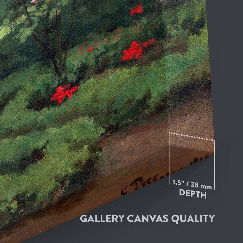 Wall canvas of Camille Pissarro's A Rose Garden painting featuring a serene garden with blooming roses and soft brushwork, offering a perfect blend of impressionist artistry and natural beauty for elegant home or nature-inspired interiors.
