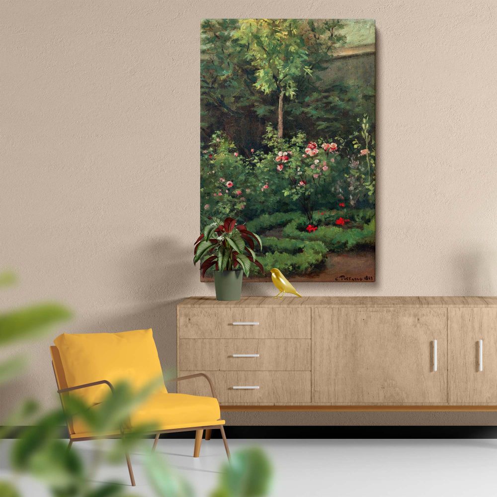 Impressionist painting A Rose Garden by Camille Pissarro printed on a wall canvas showcasing vibrant roses and lush greenery, perfect for enhancing traditional or modern interiors with timeless artistic elegance and floral beauty.