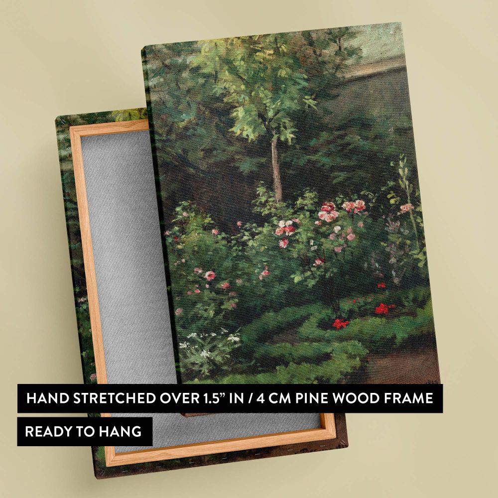 Artistic reproduction of Camille Pissarro's A Rose Garden 1862 on canvas featuring a tranquil rose garden scene with vibrant colors and soft brushstrokes, ideal for adding serene and sophisticated decor to your home or office space.