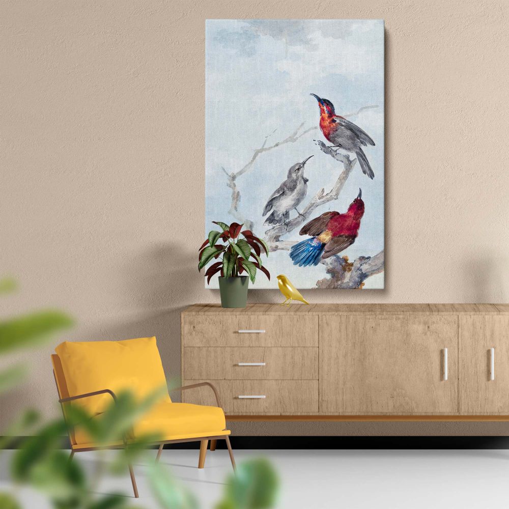 Aert Schouman's Three Crimson Sunbirds reproduced as a wall canvas featuring bright red and blue sunbirds perched on delicate branches, ideal for adding nature-inspired beauty and artistic sophistication to traditional or modern interiors.