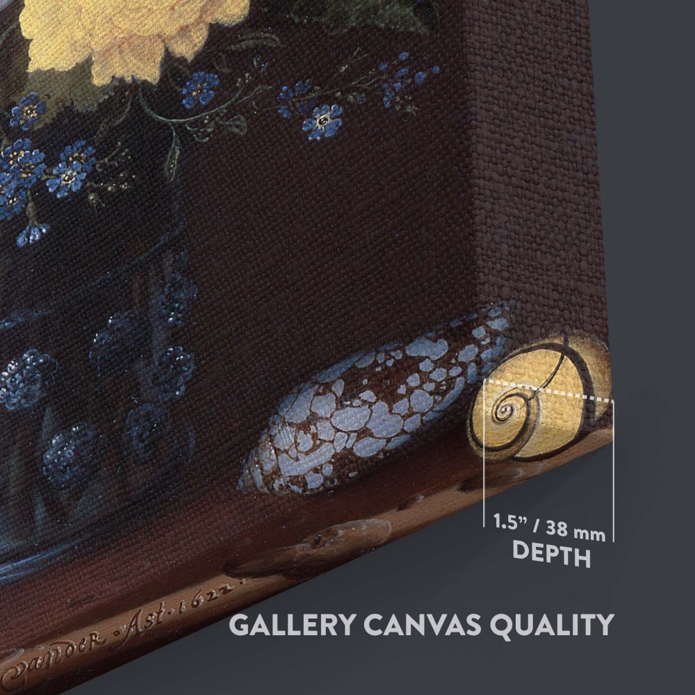 Wall art of Floral Still Life with Shells by Balthasar van der Ast featuring an elegant arrangement of colorful flowers, shells, and a butterfly with a dark backdrop, offering classic and sophisticated decor for nature-inspired interiors.