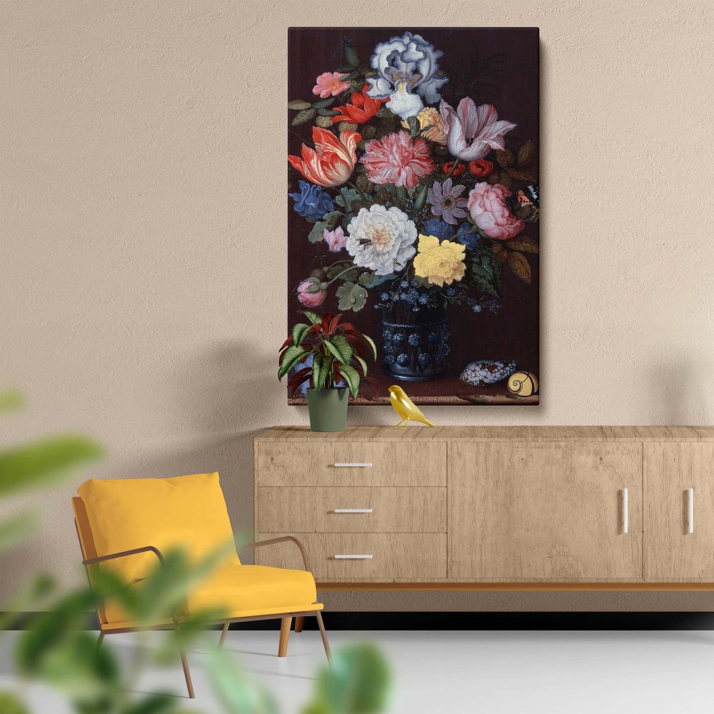 Artistic wall canvas of Floral Still Life with Shells by Balthasar van der Ast showcasing a dramatic arrangement of colorful flowers, delicate shells, and a butterfly, ideal for vintage, classic, or nature-inspired home decor.