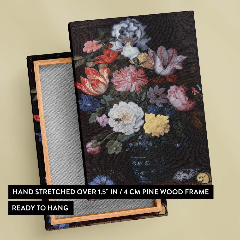Premium canvas print of Floral Still Life with Shells by Balthasar van der Ast featuring vibrant flowers, lifelike details, and a dark background, perfect for enhancing your space with elegant and timeless botanical wall art.