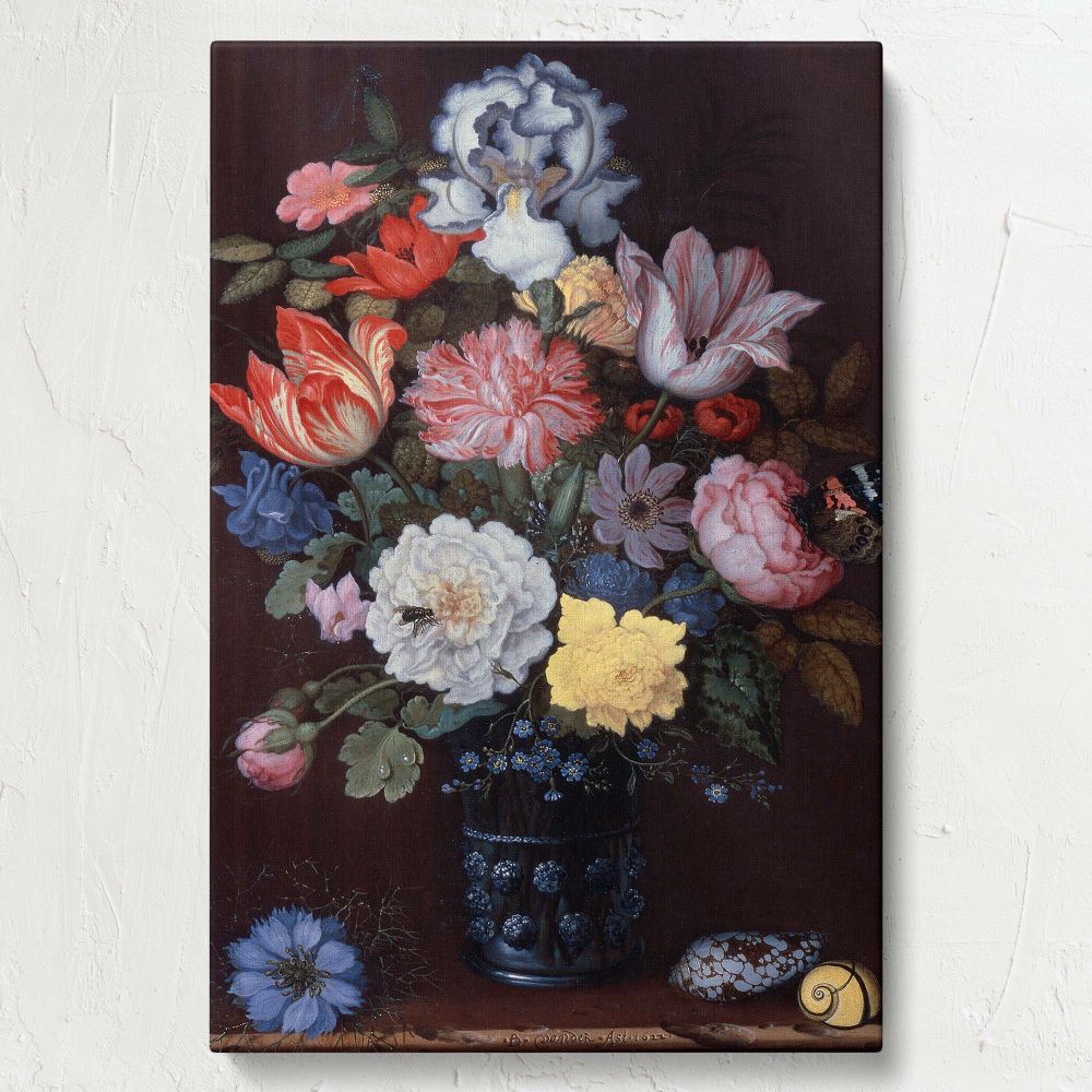 Balthasar van der Ast's Floral Still Life with Shells 1622 painting printed on a canvas featuring a colorful bouquet of flowers and intricate shells, offering artistic beauty and botanical sophistication for traditional or modern interiors.