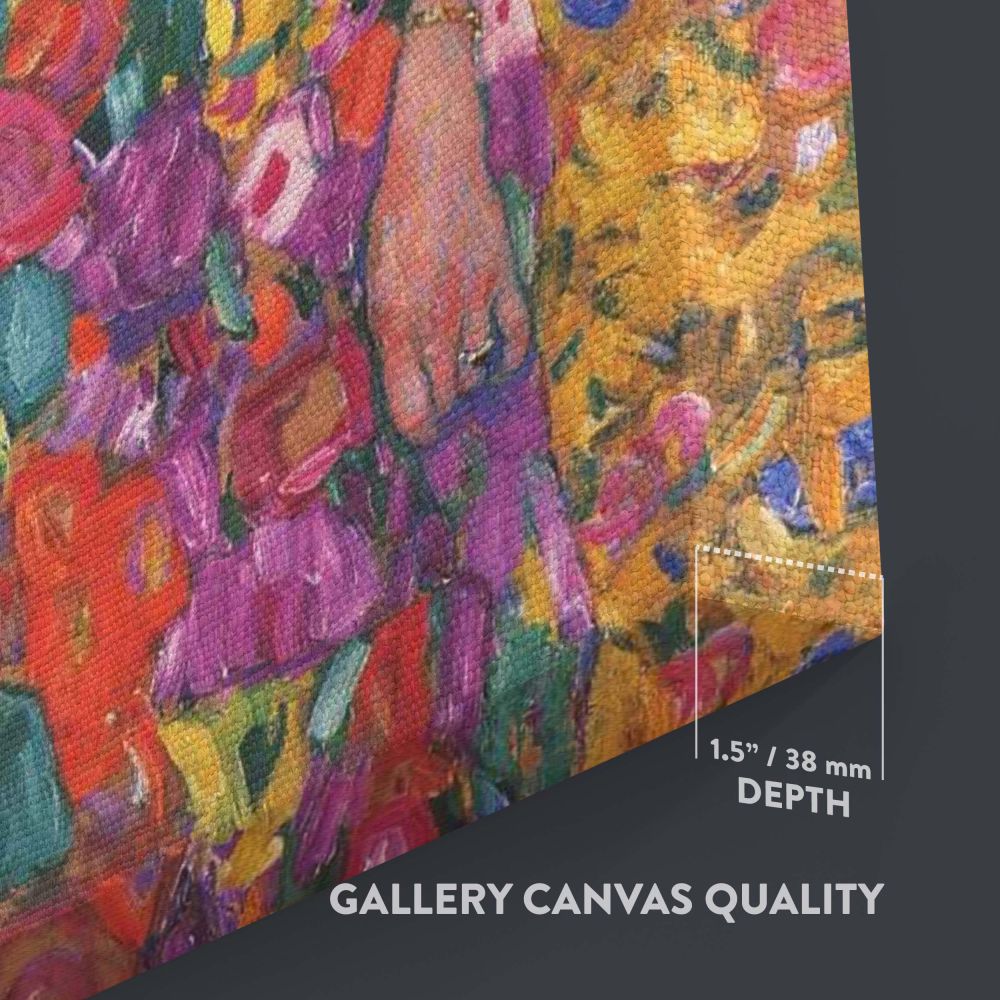 High-quality wall canvas of Gustav Klimt's Portrait of Eugenia Primavesi showcasing a richly detailed dress with vibrant patterns and Klimt's signature ornamental style, ideal for adding timeless elegance to your home or office decor.