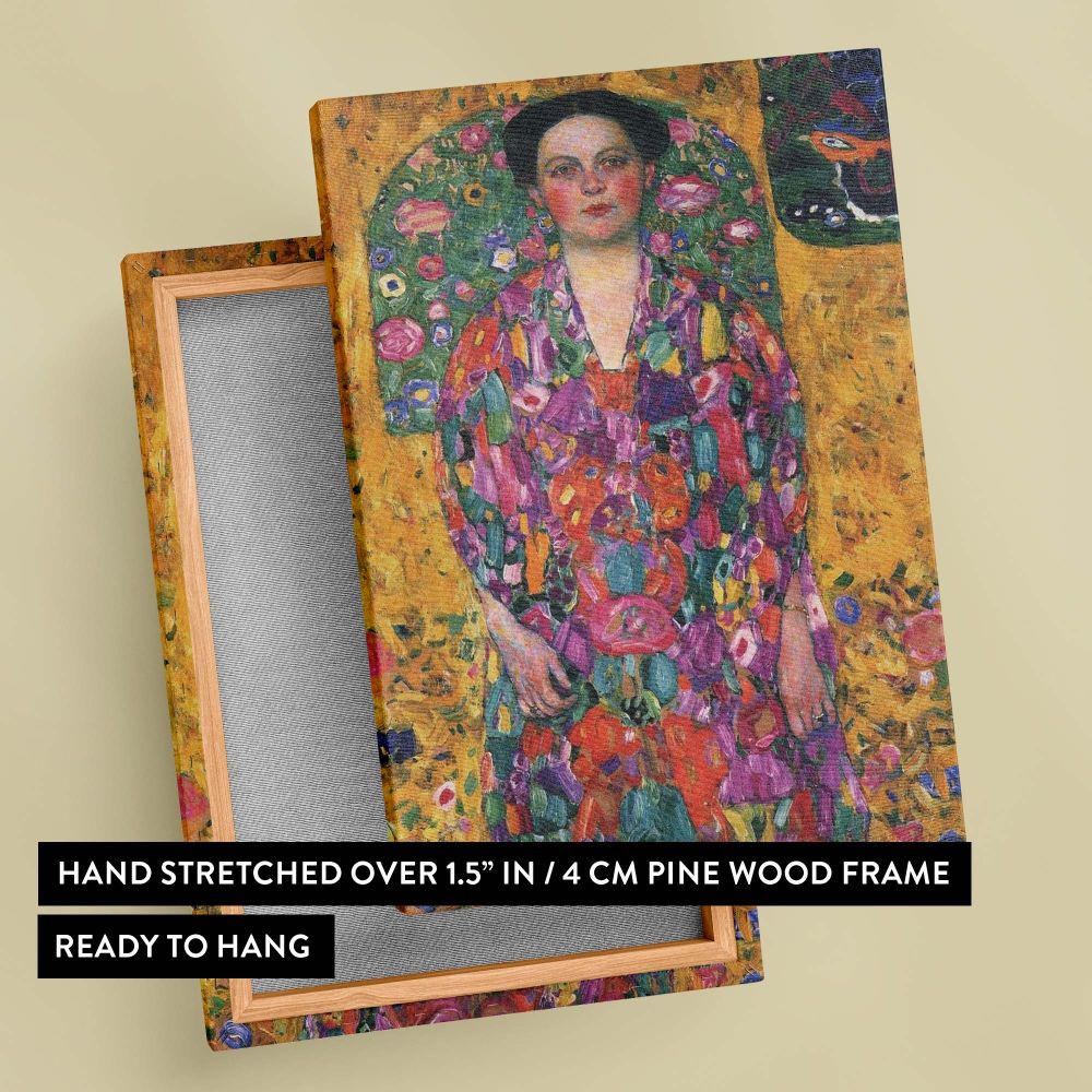 Vibrant wall canvas of Gustav Klimt's Portrait of Eugenia Primavesi 1913 showcasing the subject in a bold and colorful composition with intricate patterns and expressive artistry, perfect for adding elegance and sophistication to living spaces.