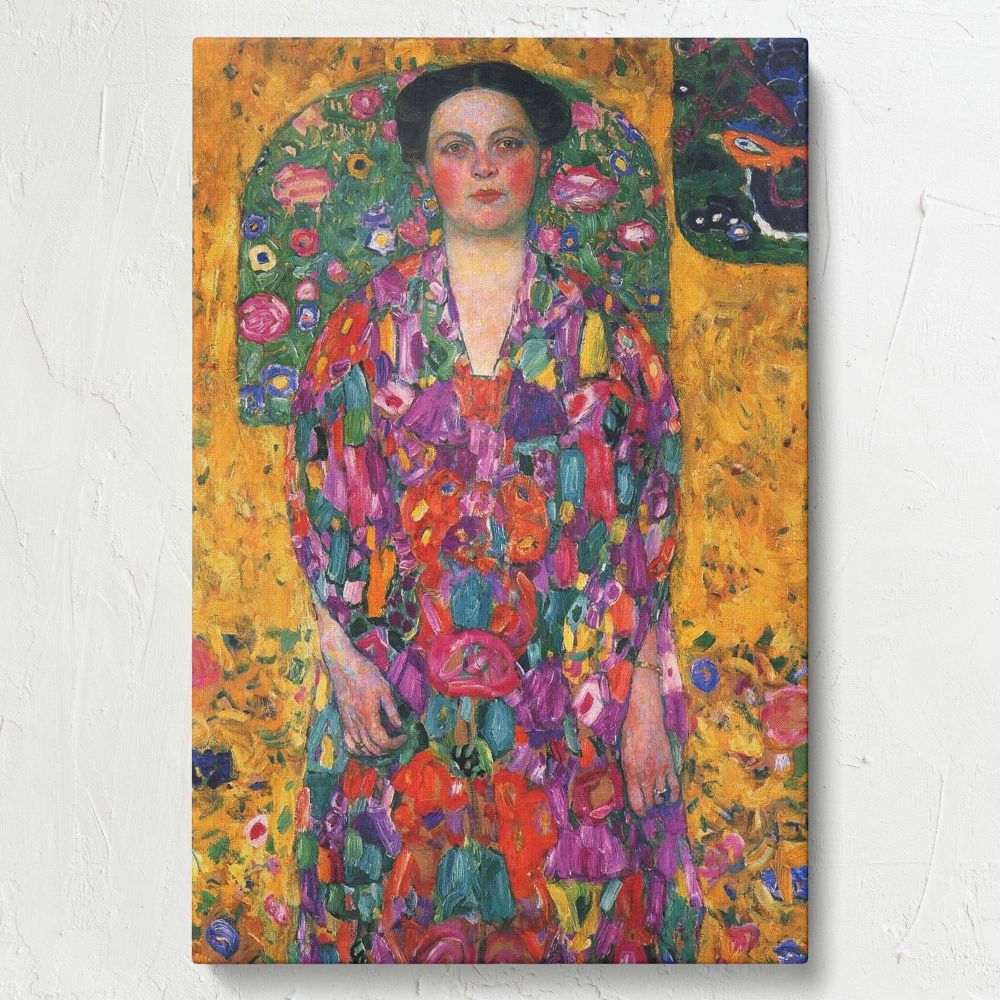 Gustav Klimt's Portrait of Eugenia Primavesi painting reproduced on a vibrant wall canvas featuring iconic decorative patterns and radiant colors, offering a stunning and artistic decor choice for modern and traditional interiors.
