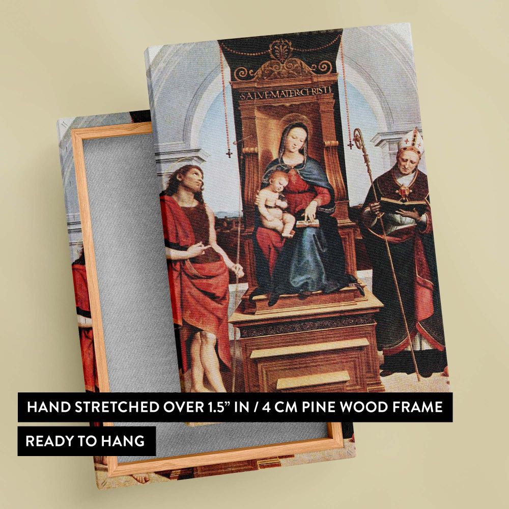 Reproduction of Raphael's Ansidei Madonna painting on canvas showing Mary with infant Jesus and saints in an intricate Renaissance scene, perfect for religious or artistic home decoration, offering spiritual beauty and timeless elegance to interiors.