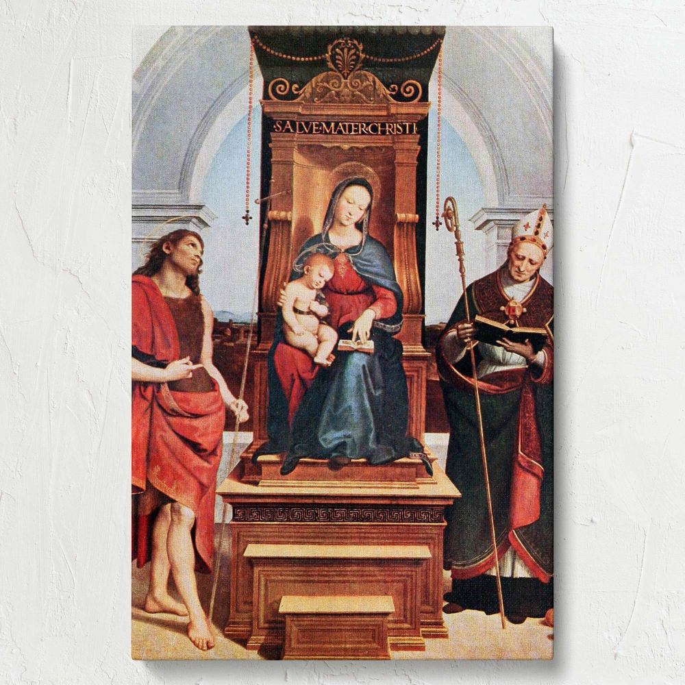 Artistic wall canvas of Raphael's Ansidei Madonna showcasing a harmonious Renaissance composition with Mary, Jesus, and saints in detailed textures and vibrant colors, creating an elegant centerpiece for classic or modern decor styles.