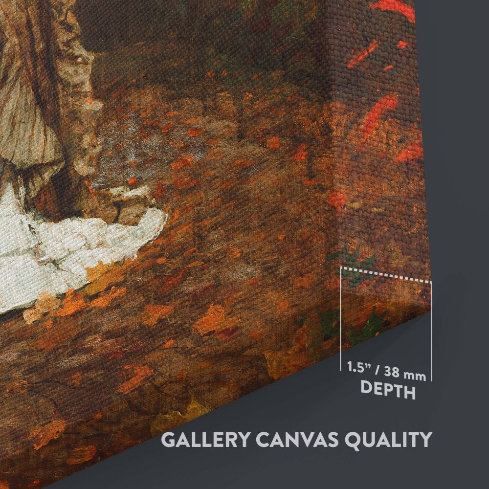 A stunning depiction of fall in Winslow Homer's Autumn (1877), featuring a woman holding bright orange leaves in a golden forest, reproduced on a detailed wall canvas perfect for classic and timeless home or office decor.