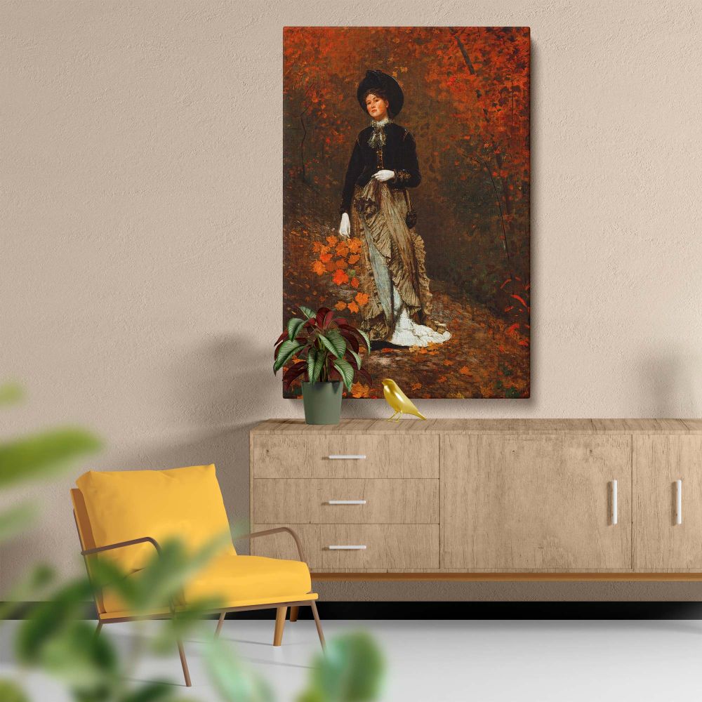 Elegant wall canvas of Winslow Homer's Autumn (1877) painting, showing a serene fall setting with a woman in flowing fashion holding leaves, surrounded by vibrant seasonal tones, perfect for enhancing any living space with classic art.