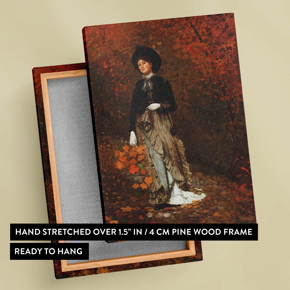 Victorian-inspired painting Autumn by Winslow Homer from 1877, featuring a woman with autumn leaves in a forest with rich fall colors, beautifully reproduced on a wall canvas for an artful and sophisticated touch in seasonal decor.