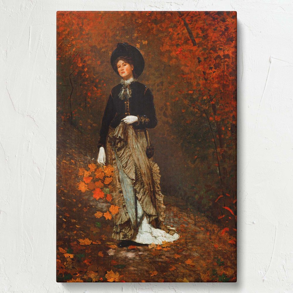 A premium-quality reproduction of Winslow Homer's Autumn (1877), depicting a woman in a Victorian dress surrounded by warm autumn tones of orange and brown leaves, printed on a durable wall canvas ideal for any decor theme.