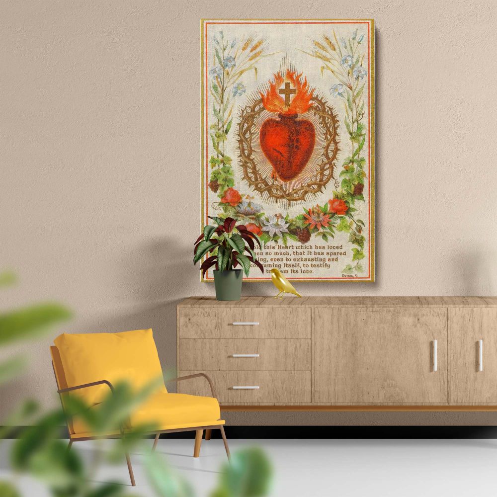 Vintage devotional Sacred Heart artwork with a flaming heart encircled by a thorned crown and surrounded by detailed floral garlands, symbolizing faith, love, and devotion, perfect for spiritual home decor or Catholic prayer space wall art.