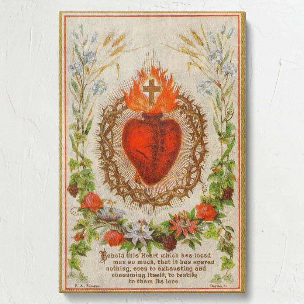 Vintage Sacred Heart holy card art with radiant flames, a thorned crown, and lush roses, offering a powerful symbol of faith, love, and divine inspiration, perfect for Catholic home decor or as an inspirational piece for spiritual spaces.