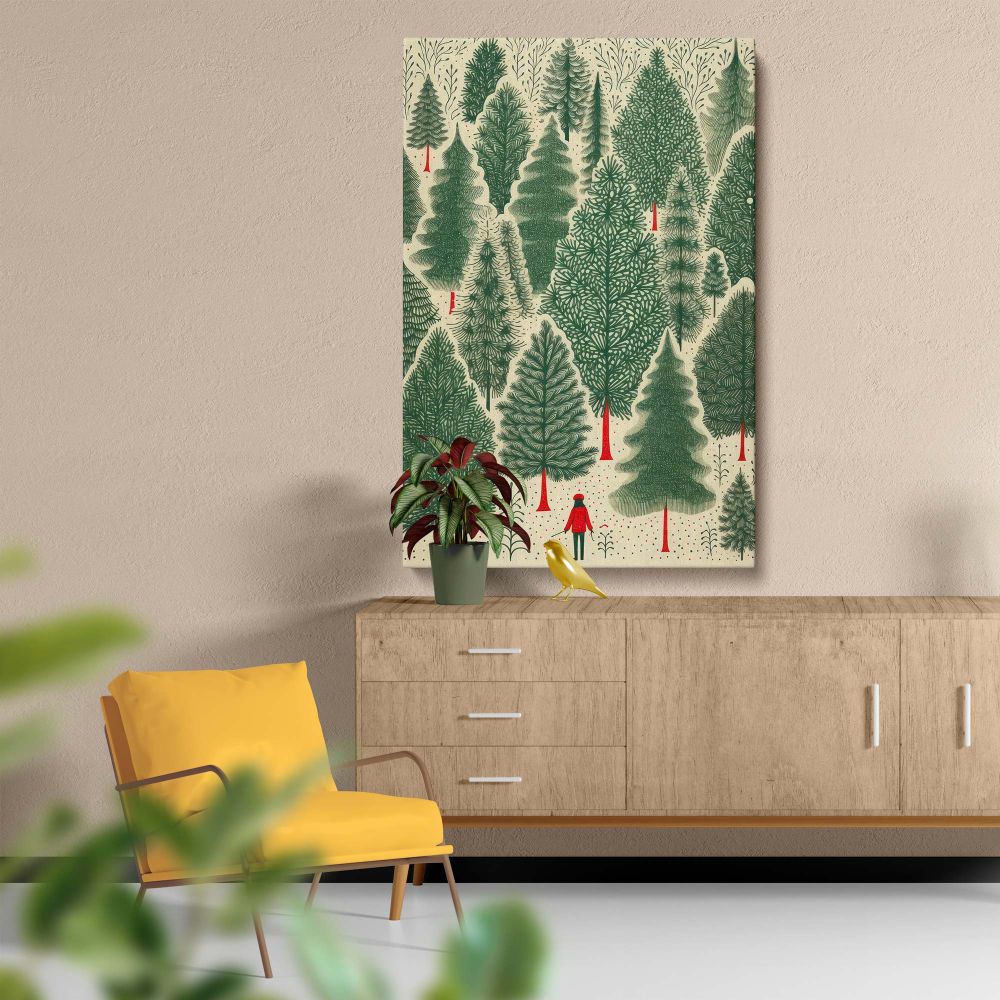 Minimalist Christmas wall decor showcasing a magical forest of green trees and festive red details, perfect for adding a holiday touch to home styling or as a special gift for art and nature lovers during the holiday season.