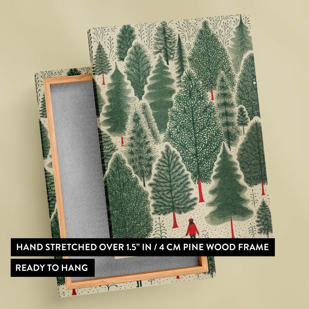 A stunning forest-themed Christmas wall canvas with intricate green trees and pops of red, capturing the beauty of the season and serving as a perfect addition to holiday home decor or as a unique gift for nature-inspired celebrations.