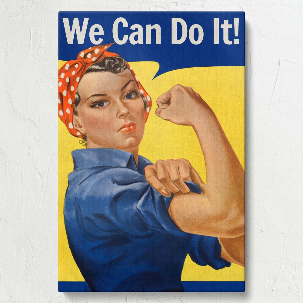 Vibrant Rosie the Riveter wall art with bold vintage colors and the 