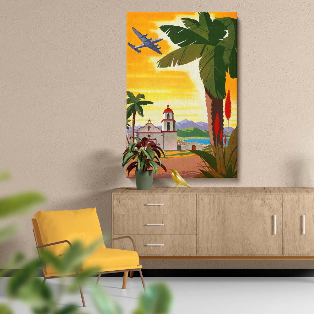 Classic Los Angeles Fly TWA travel poster with a midcentury aesthetic, showcasing an airplane flying over palm trees, a mission-style church, and a coastal California landscape, ideal for nostalgic decor or aviation enthusiasts.