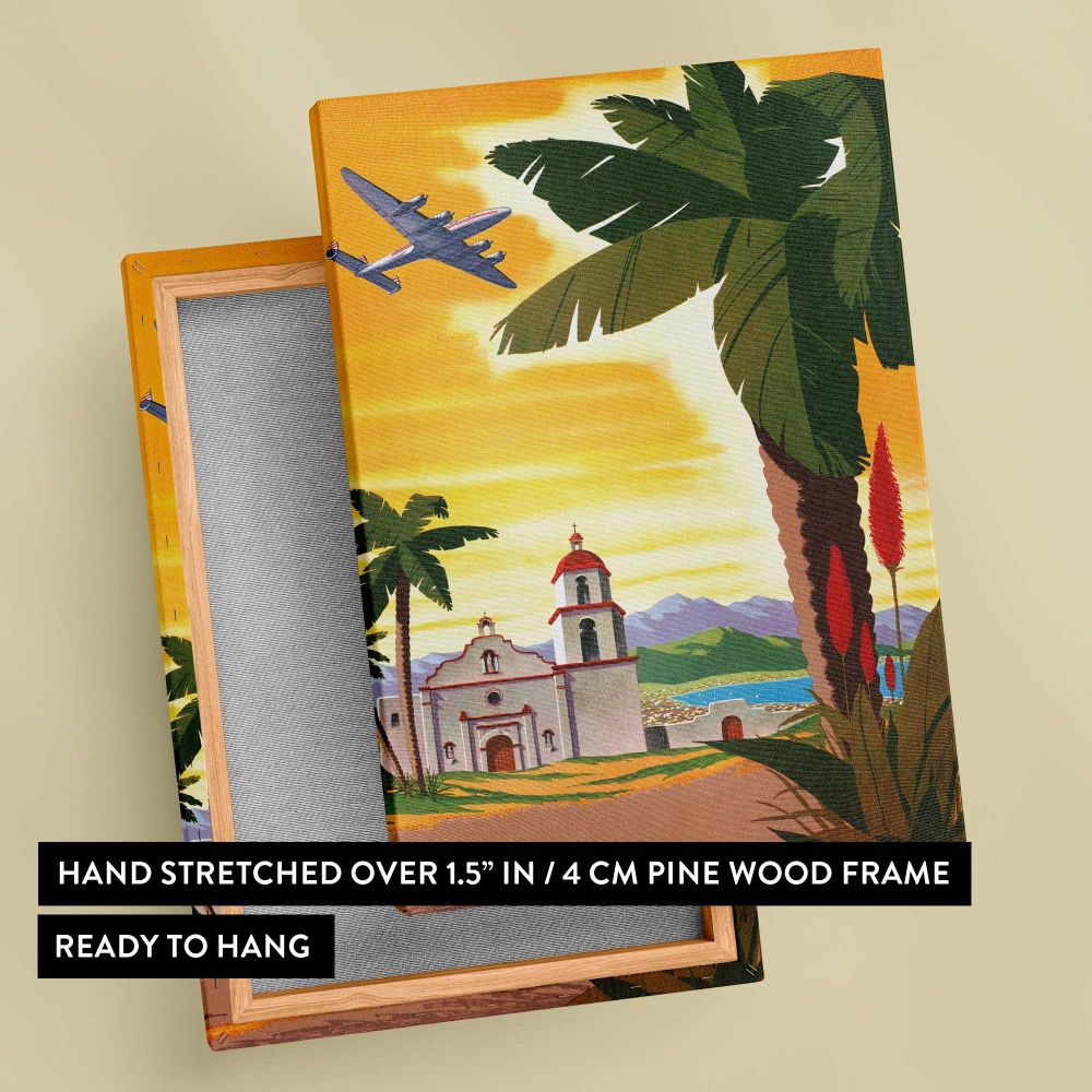 Scenic Los Angeles Fly TWA airline poster featuring a retro design with vibrant colors, highlighting an airplane above palm trees, a mission-style church, and a golden California sunset, perfect for vintage-inspired decor.