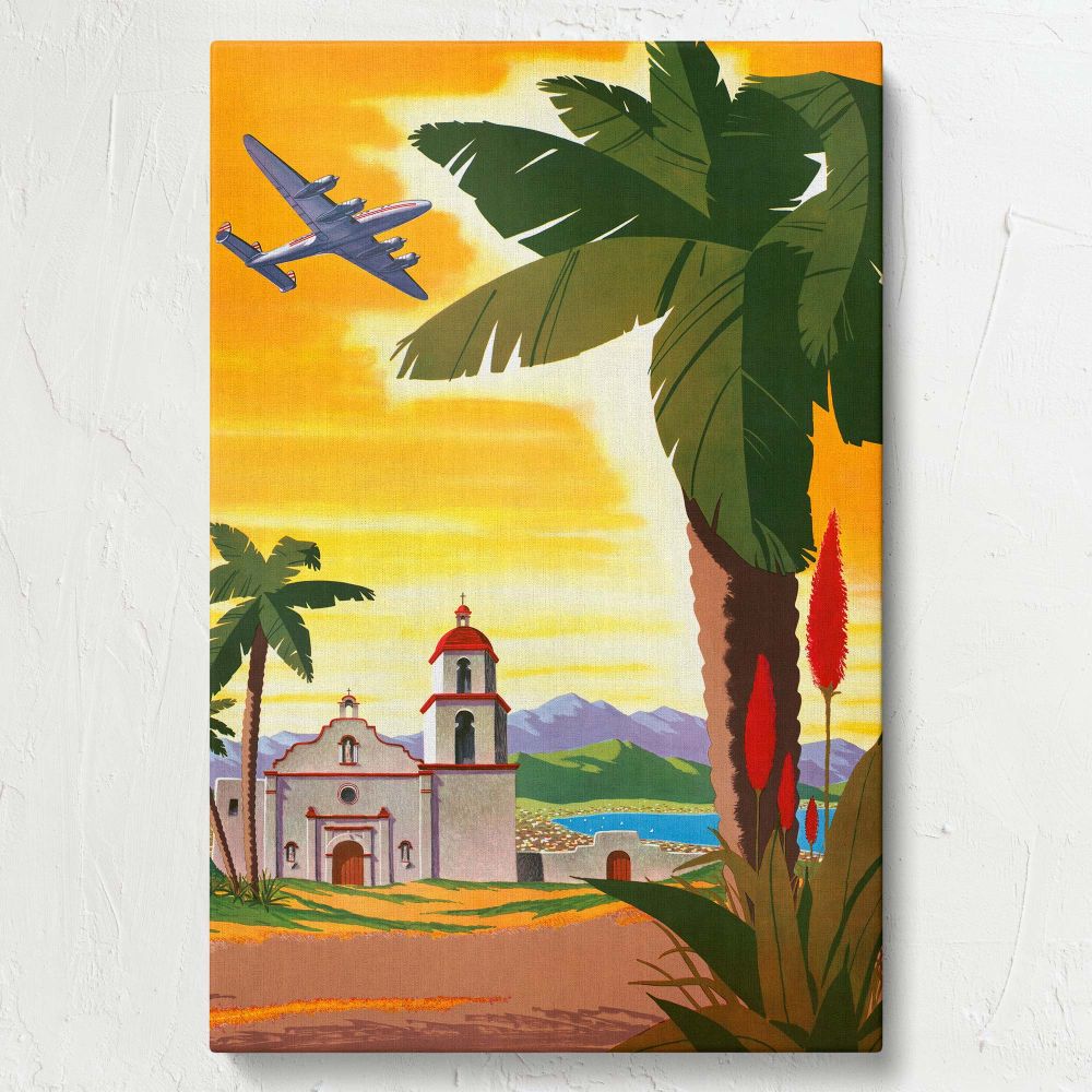 Iconic Fly TWA Los Angeles travel poster with a nostalgic midcentury design, showcasing a classic airplane above palm trees, a mission-style church, and a colorful California landscape, ideal for retro wall art lovers and travel decor enthusiasts.